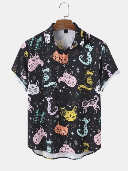 Camisa De Manga Corta Con Solapa Y Estampado De Gato De Dibujos Animados Coloridos Para Hombre