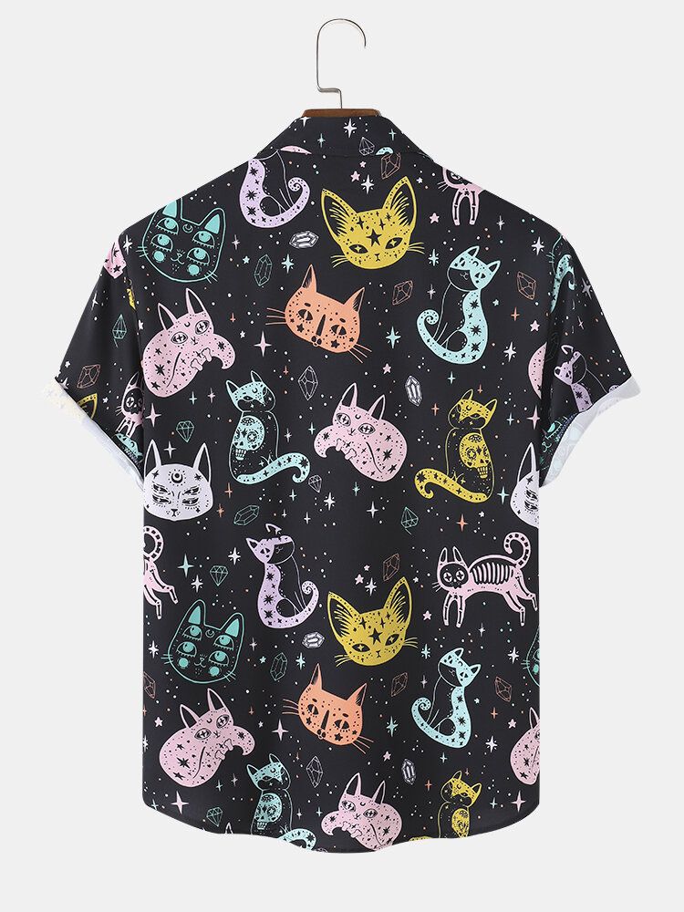 Camisa De Manga Corta Con Solapa Y Estampado De Gato De Dibujos Animados Coloridos Para Hombre