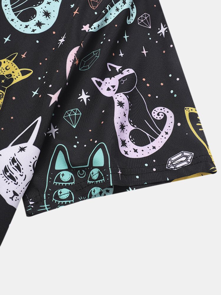 Camisa De Manga Corta Con Solapa Y Estampado De Gato De Dibujos Animados Coloridos Para Hombre