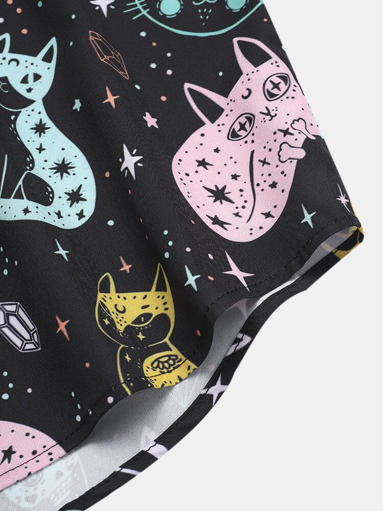 Camisa De Manga Corta Con Solapa Y Estampado De Gato De Dibujos Animados Coloridos Para Hombre