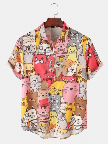 Camisa De Manga Corta Con Solapa Y Estampado De Gato De Dibujos Animados Coloridos Para Hombre