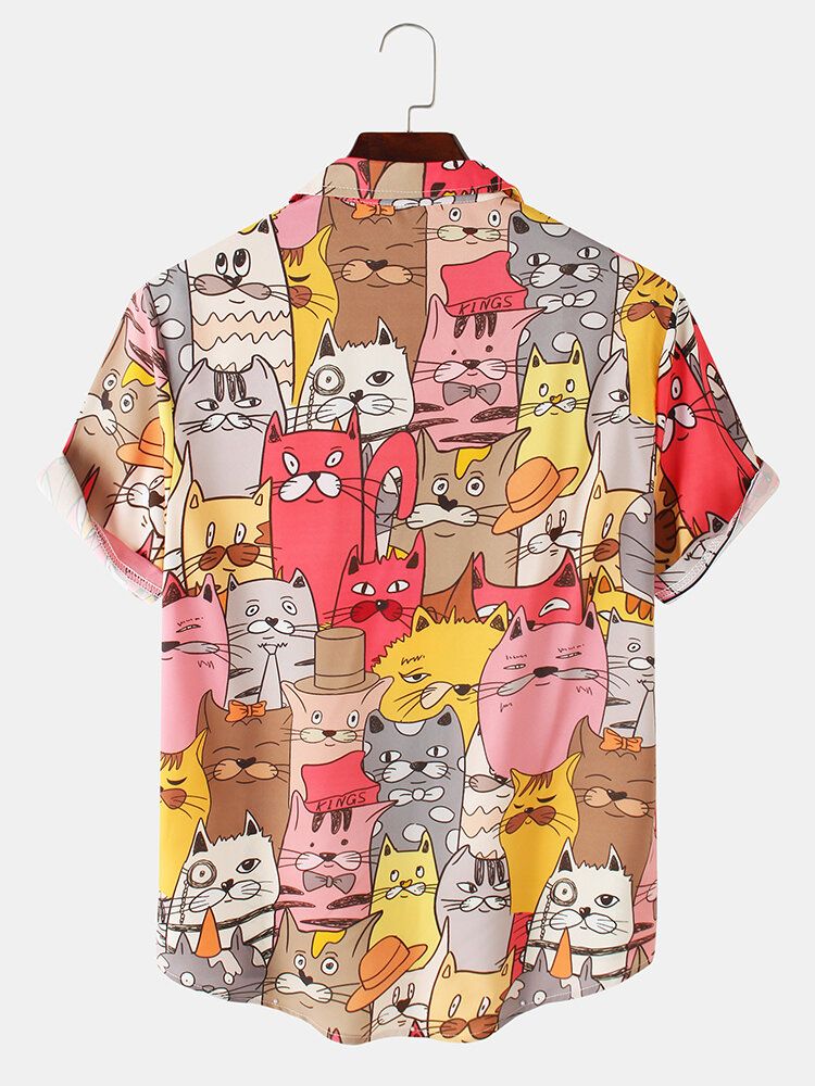 Camisa De Manga Corta Con Solapa Y Estampado De Gato De Dibujos Animados Coloridos Para Hombre