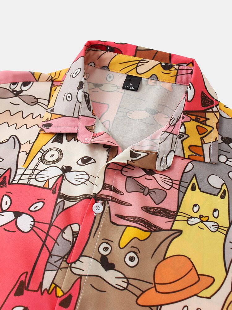 Camisa De Manga Corta Con Solapa Y Estampado De Gato De Dibujos Animados Coloridos Para Hombre