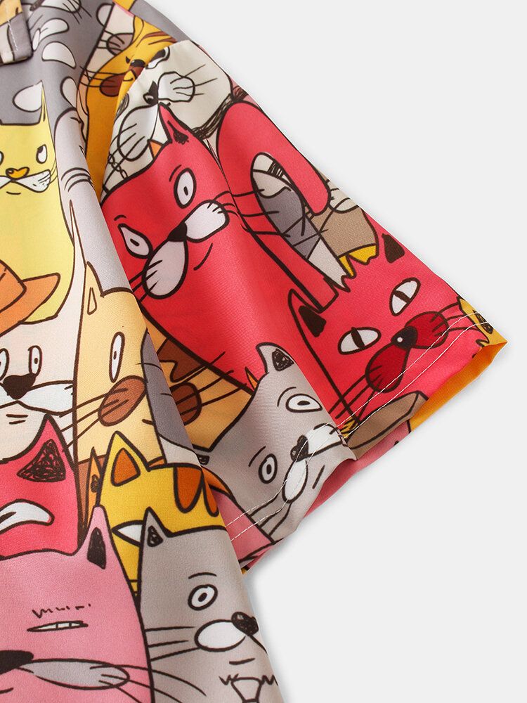 Camisa De Manga Corta Con Solapa Y Estampado De Gato De Dibujos Animados Coloridos Para Hombre