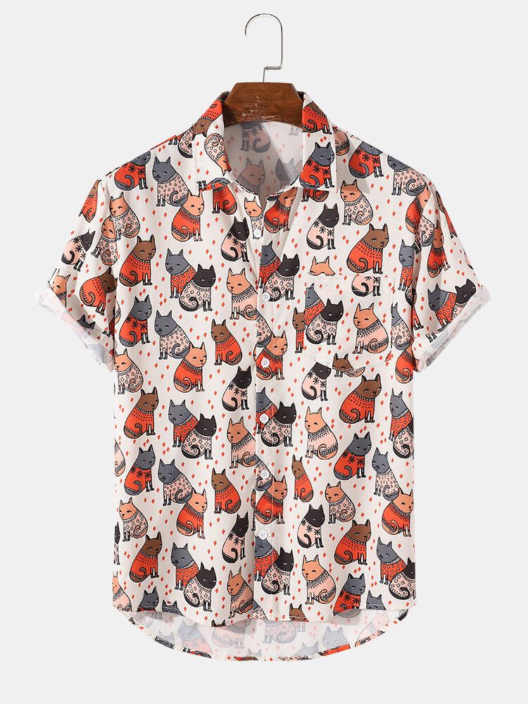 Camisa De Manga Corta Con Solapa Y Estampado De Gato De Dibujos Animados Para Hombre