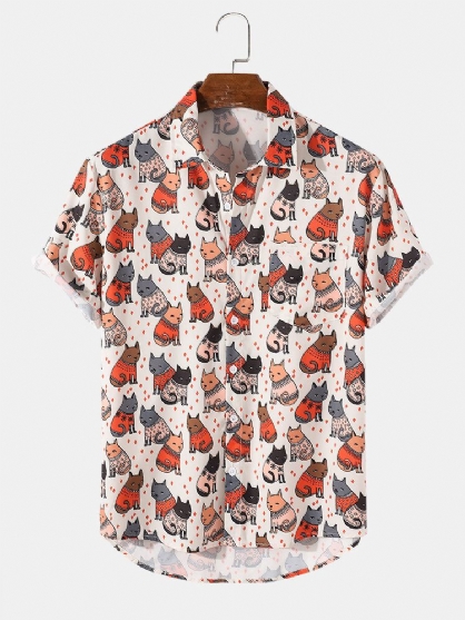 Camisa De Manga Corta Con Solapa Y Estampado De Gato De Dibujos Animados Para Hombre