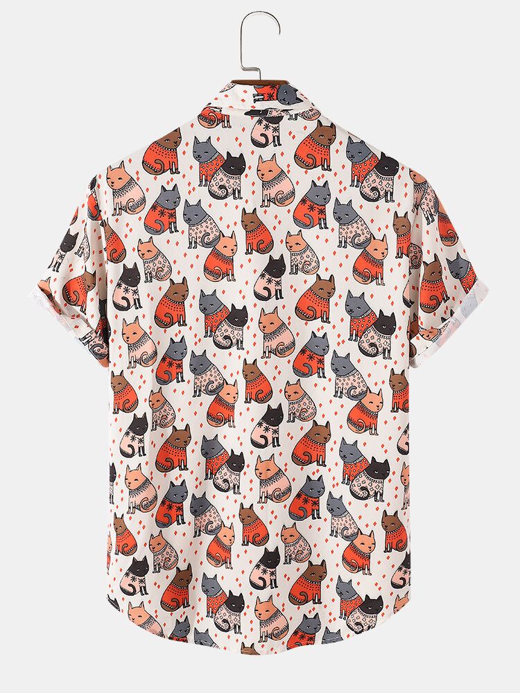 Camisa De Manga Corta Con Solapa Y Estampado De Gato De Dibujos Animados Para Hombre