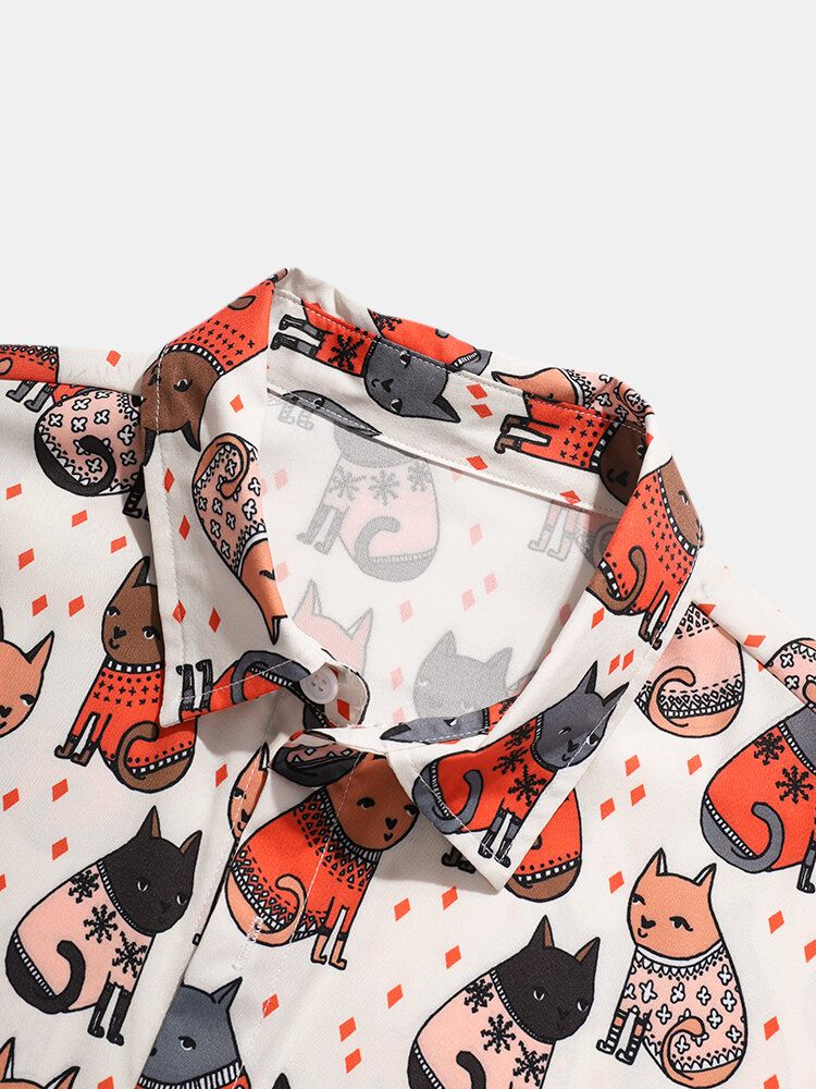 Camisa De Manga Corta Con Solapa Y Estampado De Gato De Dibujos Animados Para Hombre