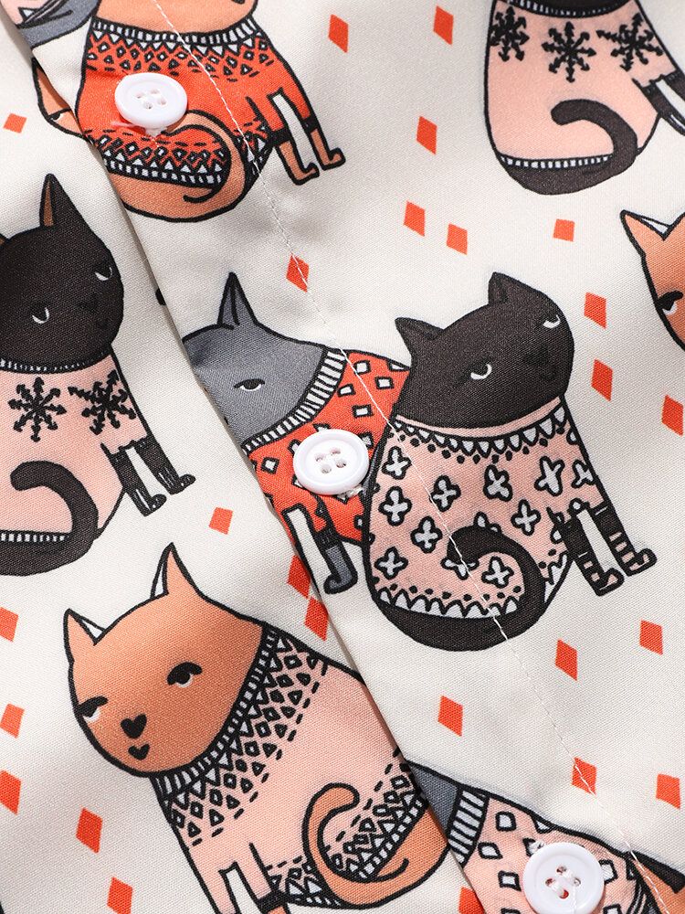 Camisa De Manga Corta Con Solapa Y Estampado De Gato De Dibujos Animados Para Hombre