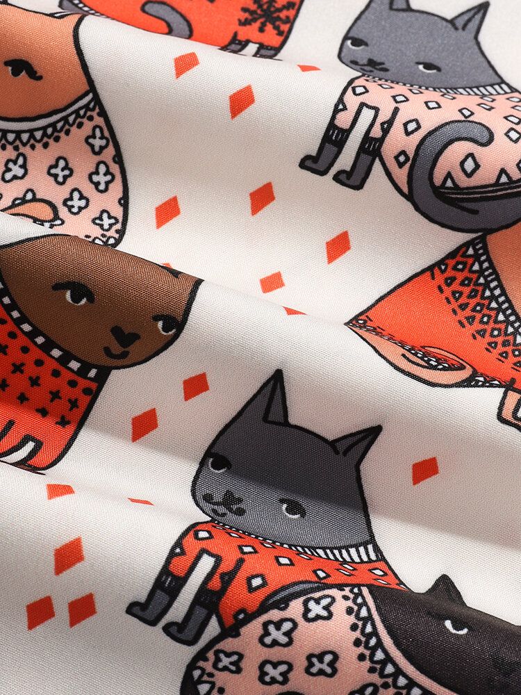 Camisa De Manga Corta Con Solapa Y Estampado De Gato De Dibujos Animados Para Hombre