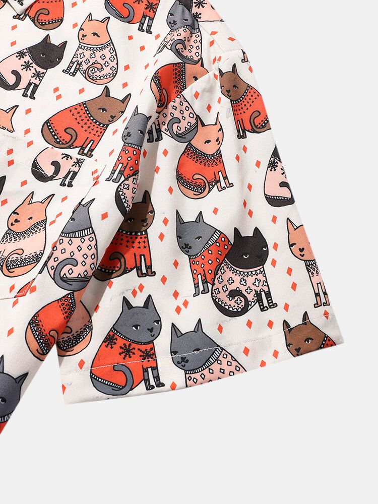 Camisa De Manga Corta Con Solapa Y Estampado De Gato De Dibujos Animados Para Hombre