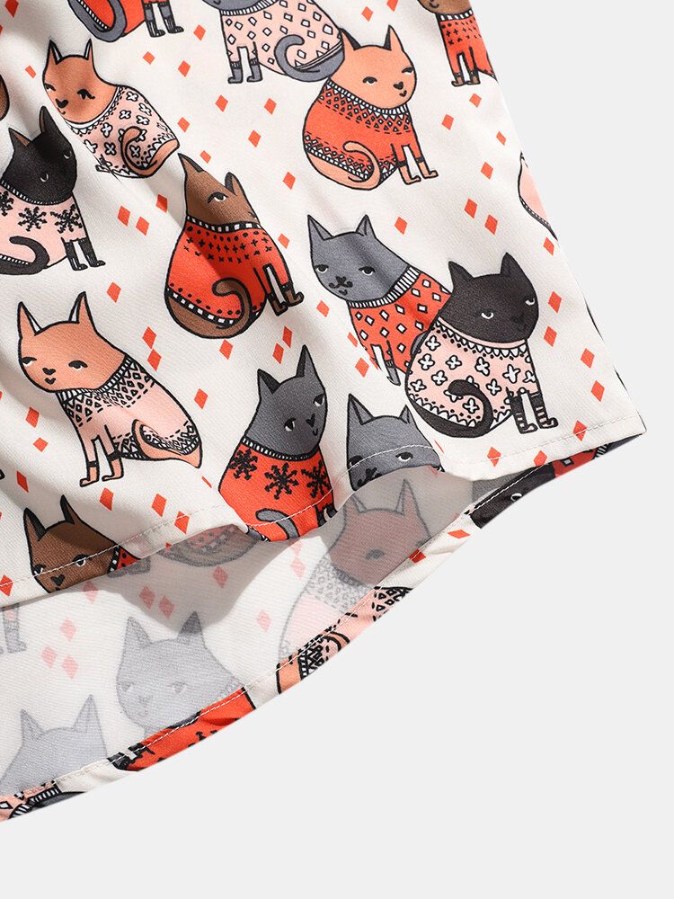 Camisa De Manga Corta Con Solapa Y Estampado De Gato De Dibujos Animados Para Hombre