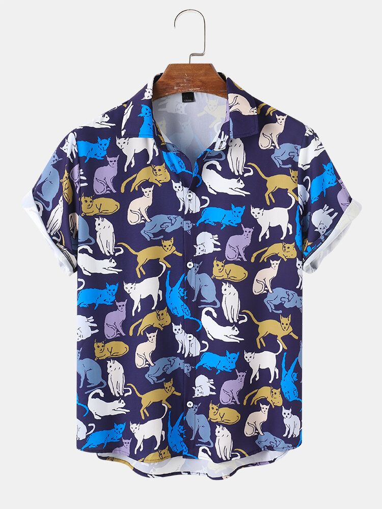 Camisa De Manga Corta Con Solapa Y Estampado De Gato De Dibujos Animados Para Hombre