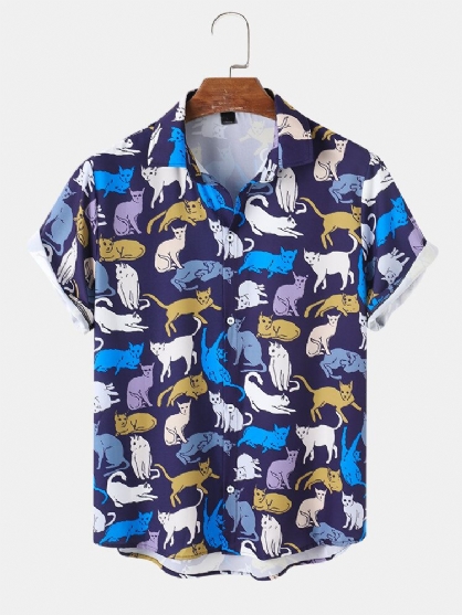 Camisa De Manga Corta Con Solapa Y Estampado De Gato De Dibujos Animados Para Hombre