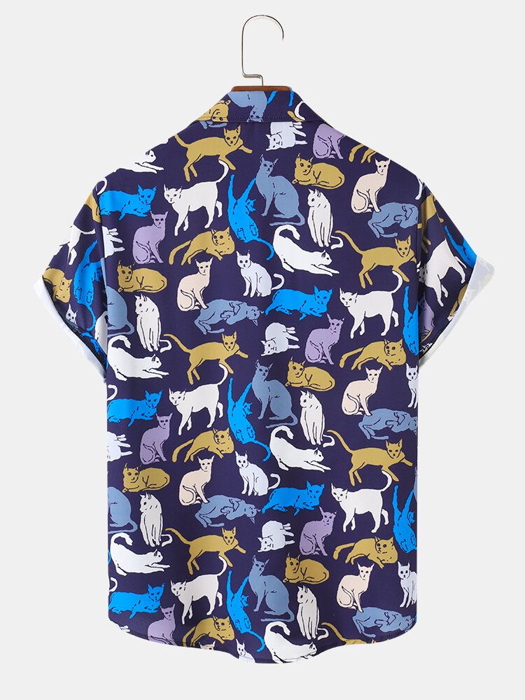 Camisa De Manga Corta Con Solapa Y Estampado De Gato De Dibujos Animados Para Hombre