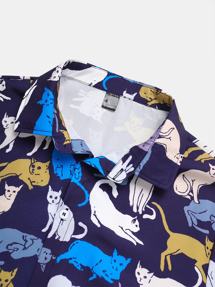 Camisa De Manga Corta Con Solapa Y Estampado De Gato De Dibujos Animados Para Hombre