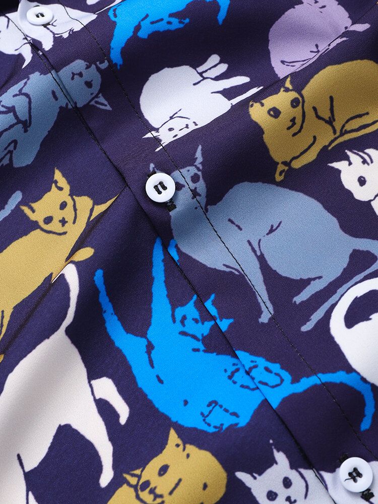 Camisa De Manga Corta Con Solapa Y Estampado De Gato De Dibujos Animados Para Hombre