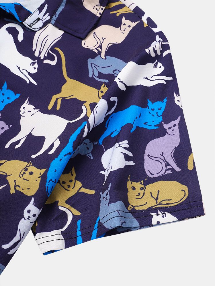 Camisa De Manga Corta Con Solapa Y Estampado De Gato De Dibujos Animados Para Hombre