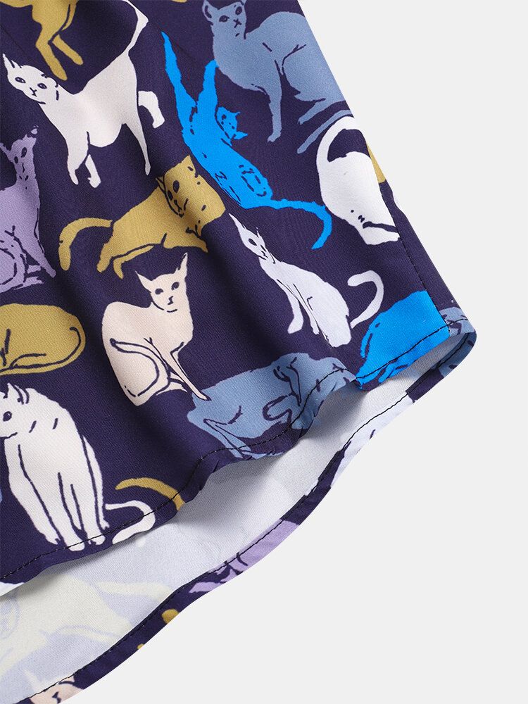 Camisa De Manga Corta Con Solapa Y Estampado De Gato De Dibujos Animados Para Hombre