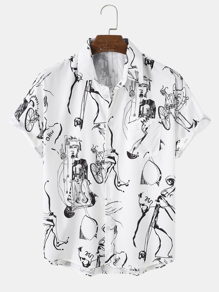 Camisa De Manga Corta Con Solapa Y Estampado De Graffiti Para Hombre