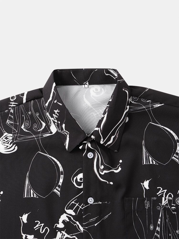 Camisa De Manga Corta Con Solapa Y Estampado De Graffiti Para Hombre