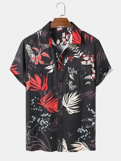 Camisa De Manga Corta Con Solapa Y Estampado De Hojas De Bolsillo Muti Para Hombre