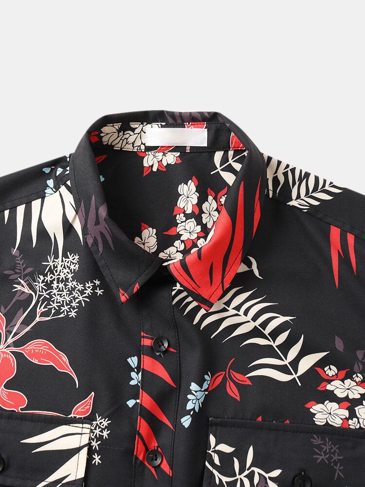 Camisa De Manga Corta Con Solapa Y Estampado De Hojas De Bolsillo Muti Para Hombre