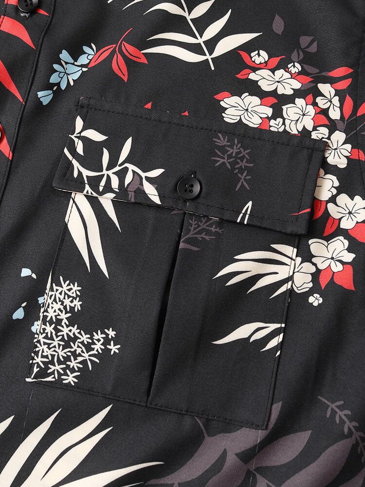 Camisa De Manga Corta Con Solapa Y Estampado De Hojas De Bolsillo Muti Para Hombre