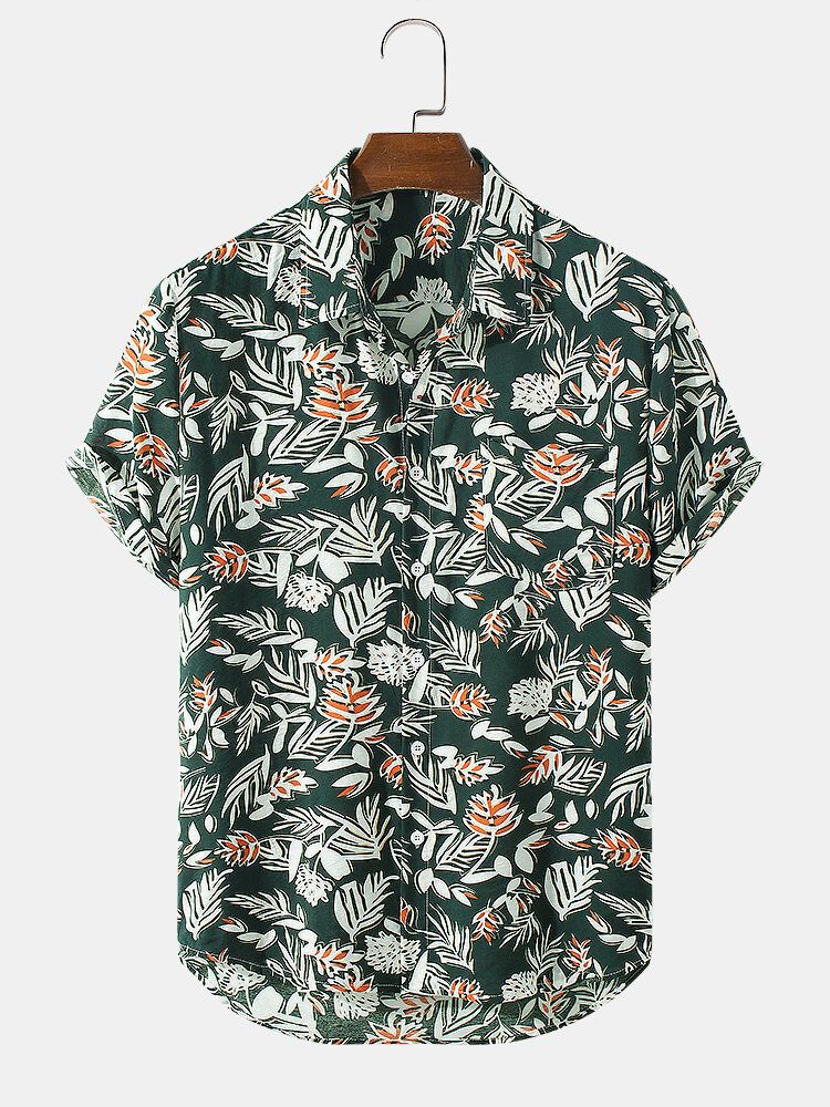 Camisa De Manga Corta Con Solapa Y Estampado De Hojas De Plantas Para Hombre