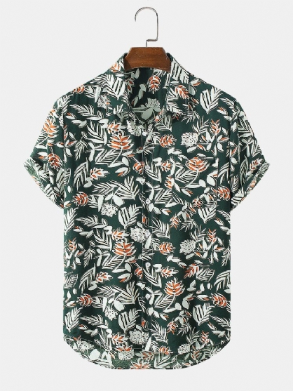 Camisa De Manga Corta Con Solapa Y Estampado De Hojas De Plantas Para Hombre