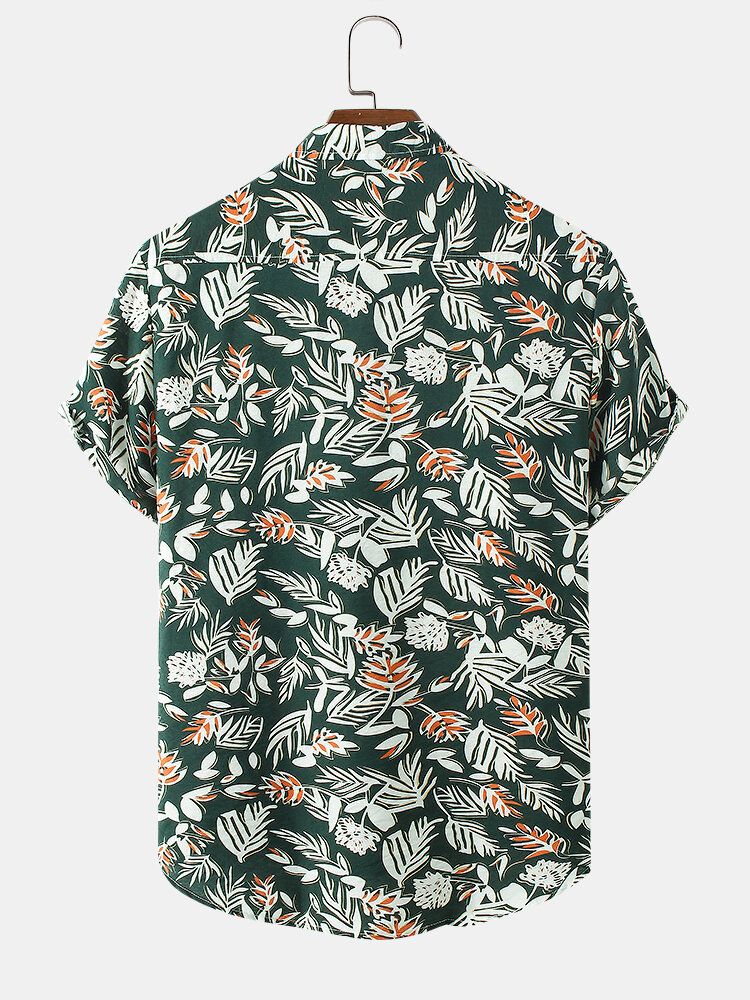 Camisa De Manga Corta Con Solapa Y Estampado De Hojas De Plantas Para Hombre