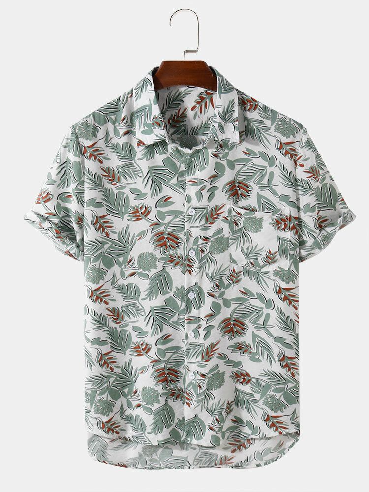 Camisa De Manga Corta Con Solapa Y Estampado De Hojas De Plantas Para Hombre