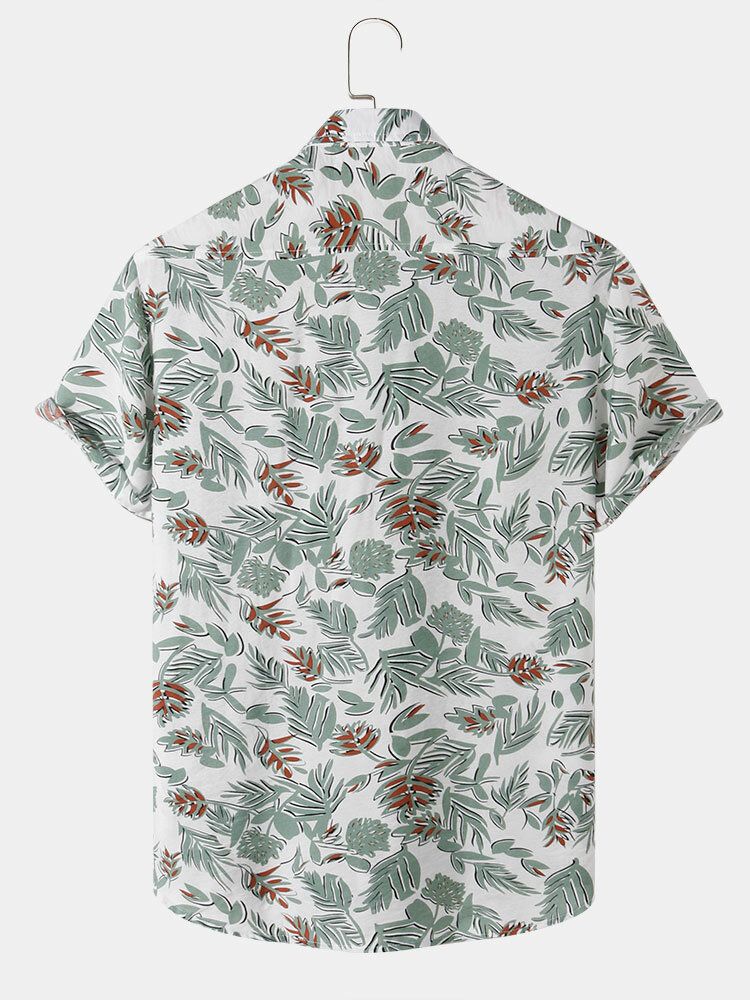 Camisa De Manga Corta Con Solapa Y Estampado De Hojas De Plantas Para Hombre