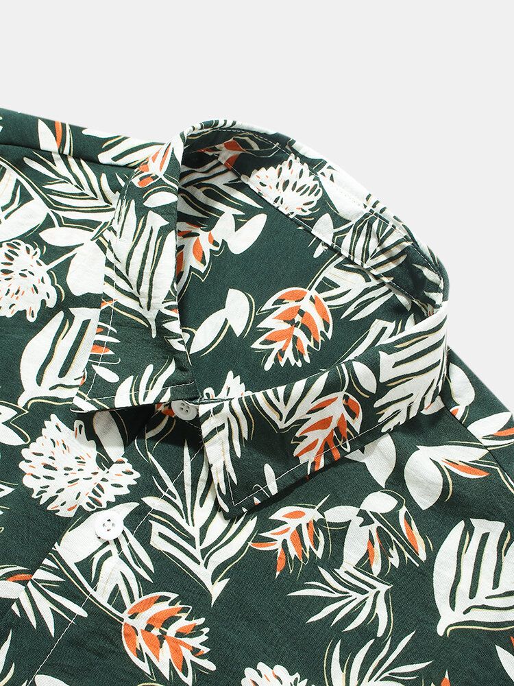 Camisa De Manga Corta Con Solapa Y Estampado De Hojas De Plantas Para Hombre