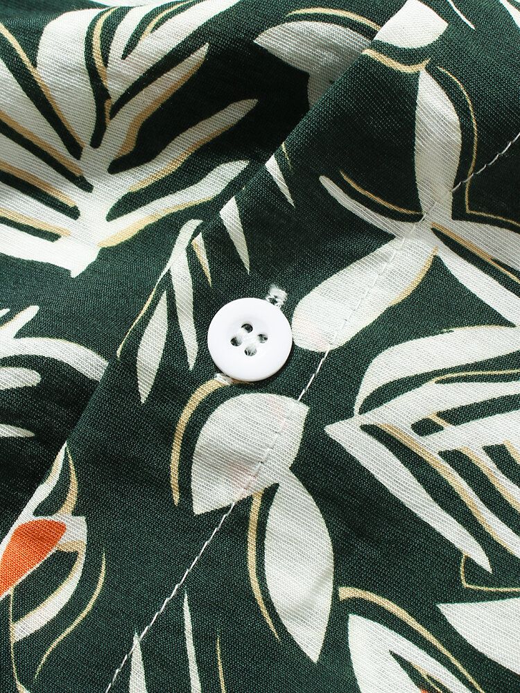 Camisa De Manga Corta Con Solapa Y Estampado De Hojas De Plantas Para Hombre