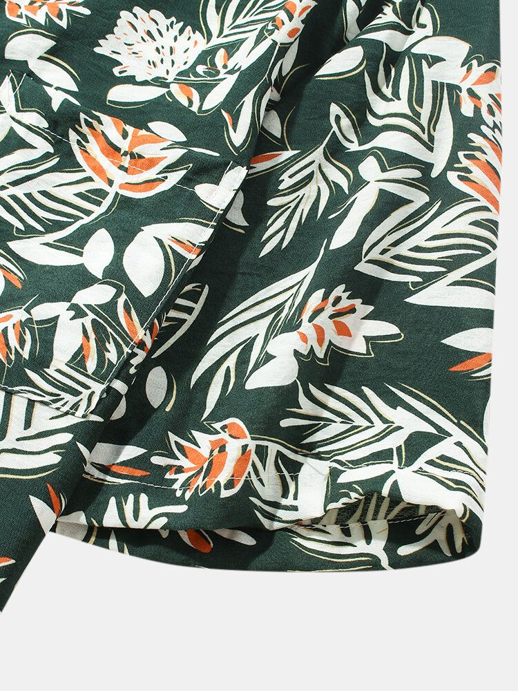 Camisa De Manga Corta Con Solapa Y Estampado De Hojas De Plantas Para Hombre