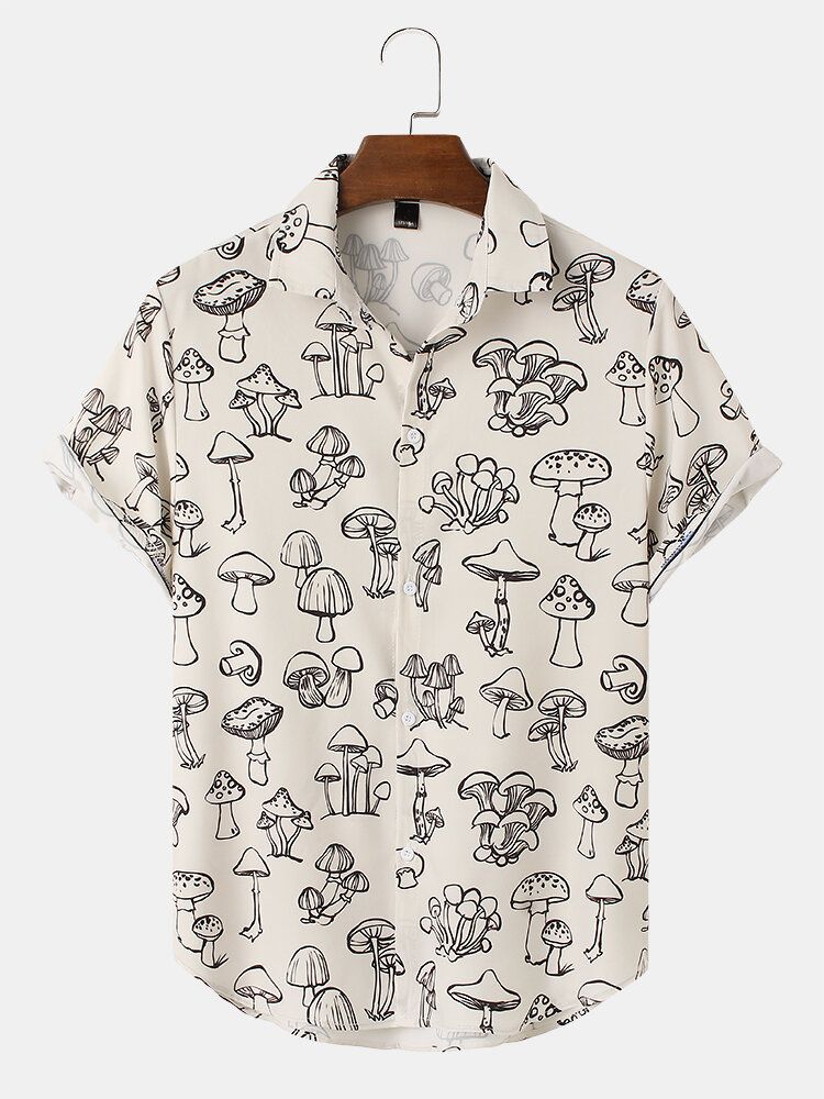 Camisa De Manga Corta Con Solapa Y Estampado De Hongos De Dibujos Animados Para Hombre