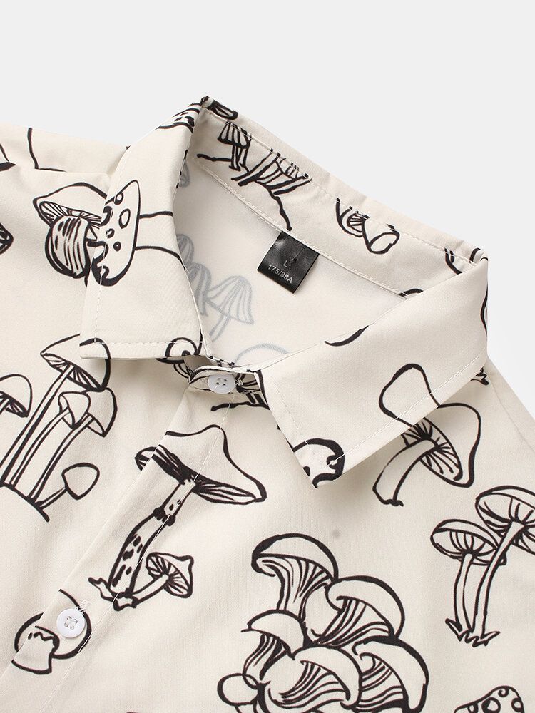 Camisa De Manga Corta Con Solapa Y Estampado De Hongos De Dibujos Animados Para Hombre