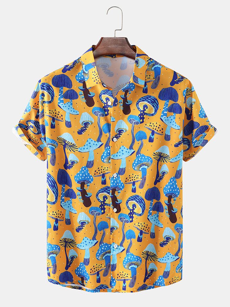 Camisa De Manga Corta Con Solapa Y Estampado De Hongos De Dibujos Animados Para Hombre