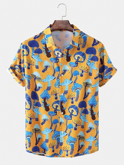 Camisa De Manga Corta Con Solapa Y Estampado De Hongos De Dibujos Animados Para Hombre