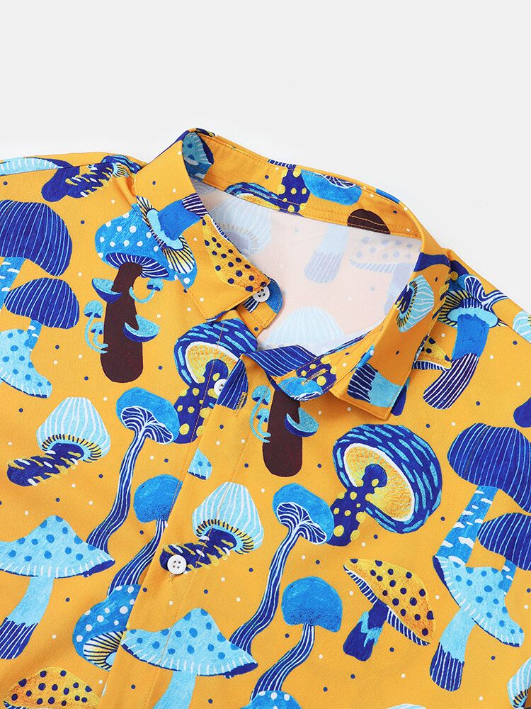 Camisa De Manga Corta Con Solapa Y Estampado De Hongos De Dibujos Animados Para Hombre