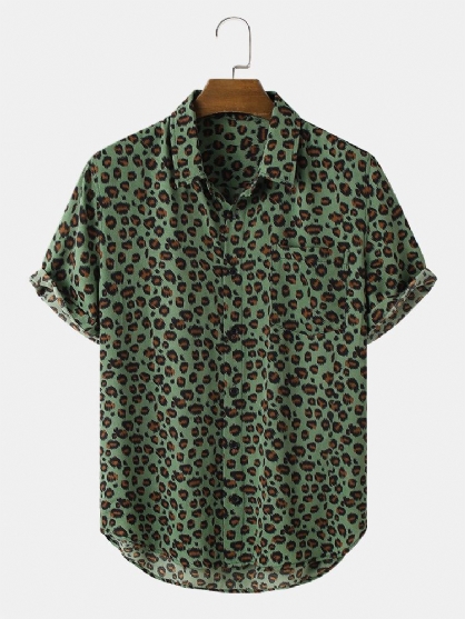 Camisa De Manga Corta Con Solapa Y Estampado De Leopardo Para Hombre