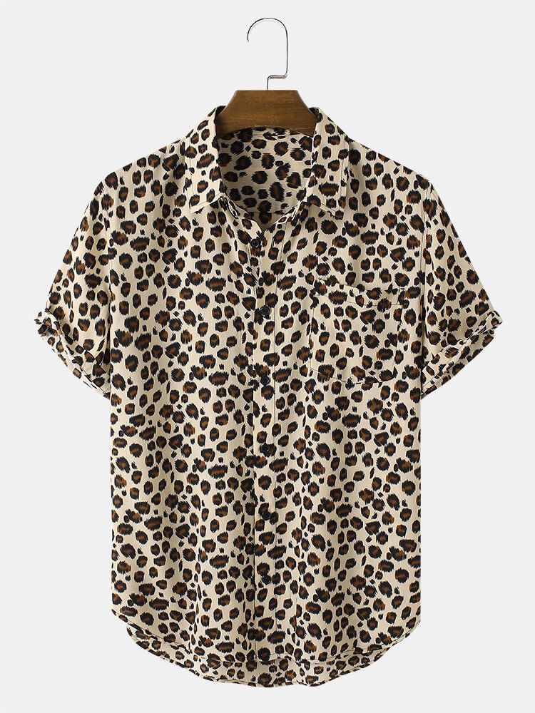 Camisa De Manga Corta Con Solapa Y Estampado De Leopardo Para Hombre