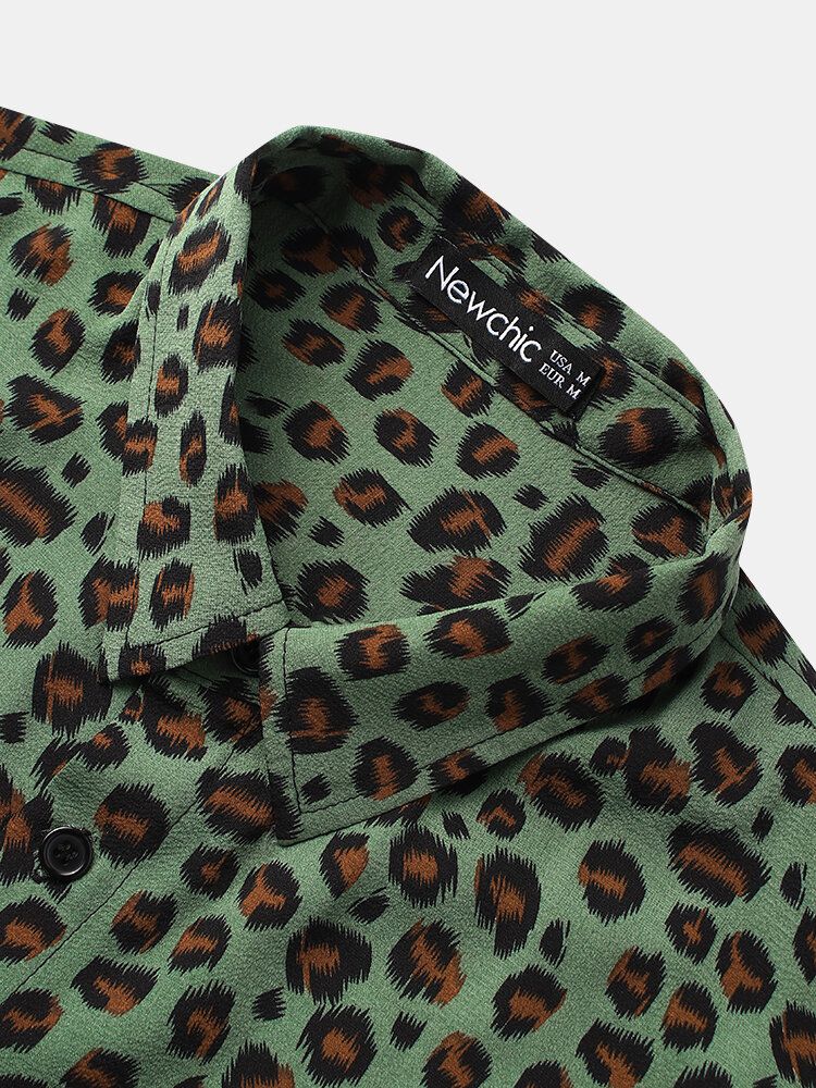 Camisa De Manga Corta Con Solapa Y Estampado De Leopardo Para Hombre