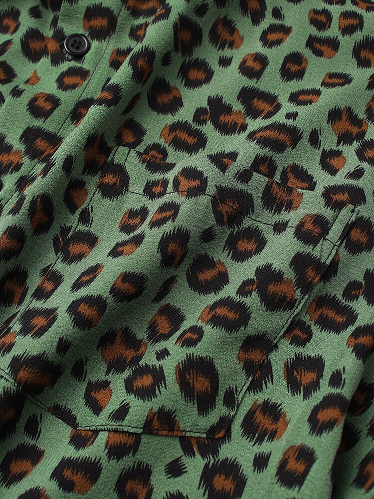 Camisa De Manga Corta Con Solapa Y Estampado De Leopardo Para Hombre