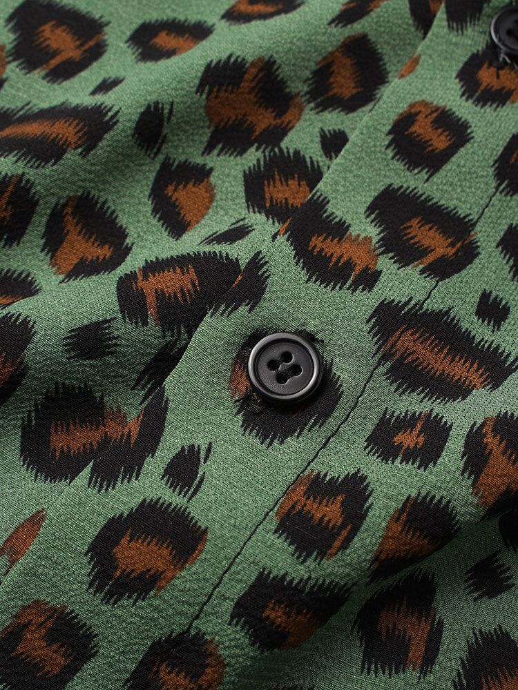 Camisa De Manga Corta Con Solapa Y Estampado De Leopardo Para Hombre