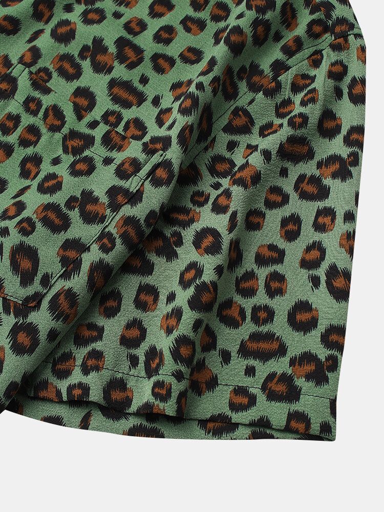 Camisa De Manga Corta Con Solapa Y Estampado De Leopardo Para Hombre