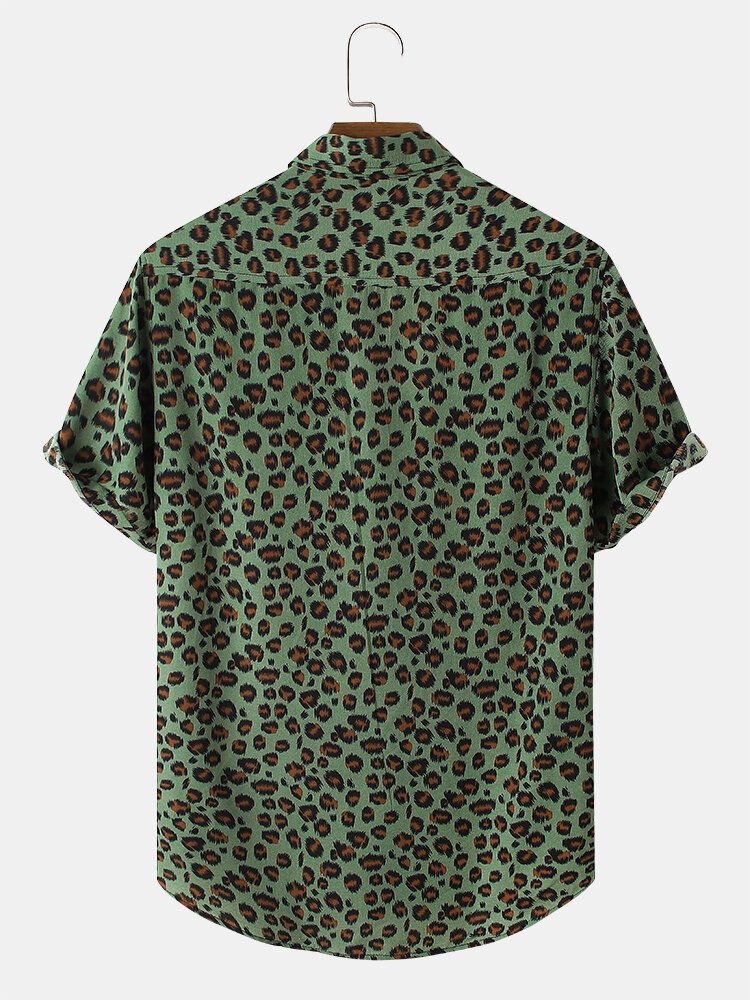 Camisa De Manga Corta Con Solapa Y Estampado De Leopardo Para Hombre