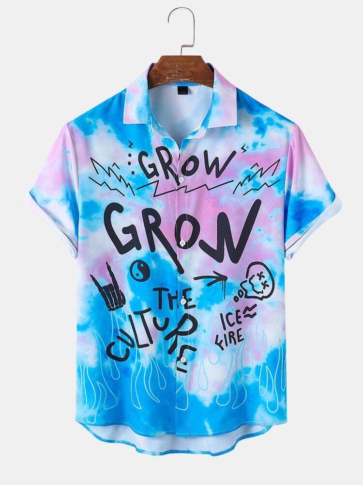 Camisa De Manga Corta Con Solapa Y Estampado De Letras Tie Dye Para Hombre