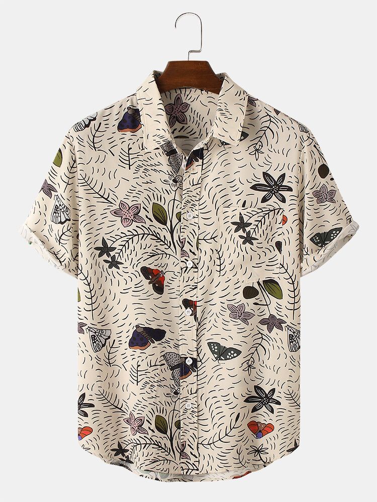 Camisa De Manga Corta Con Solapa Y Estampado De Mariposas Y Flores Mes